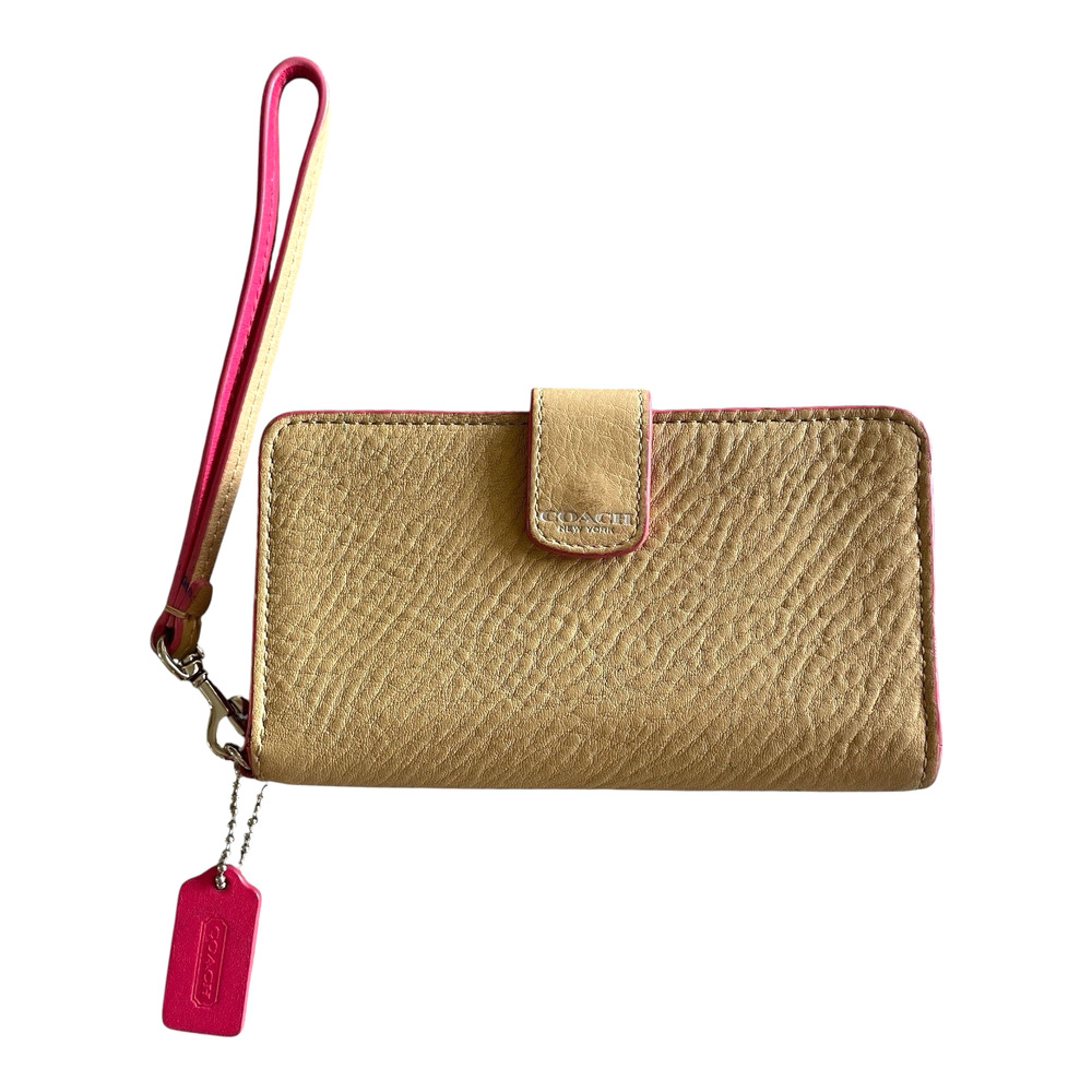 COACH 62273 RARE Bleeker Edgepaint Camel/Pink Textured Leather Wallet Wristlet